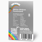 Bud Voyage Produktgrafik: White Widow feminisierte Hanfsamen, Regenburg, mit Regenbogen, QR-Code und Barcode, detaillierte Angaben zum Anbau
