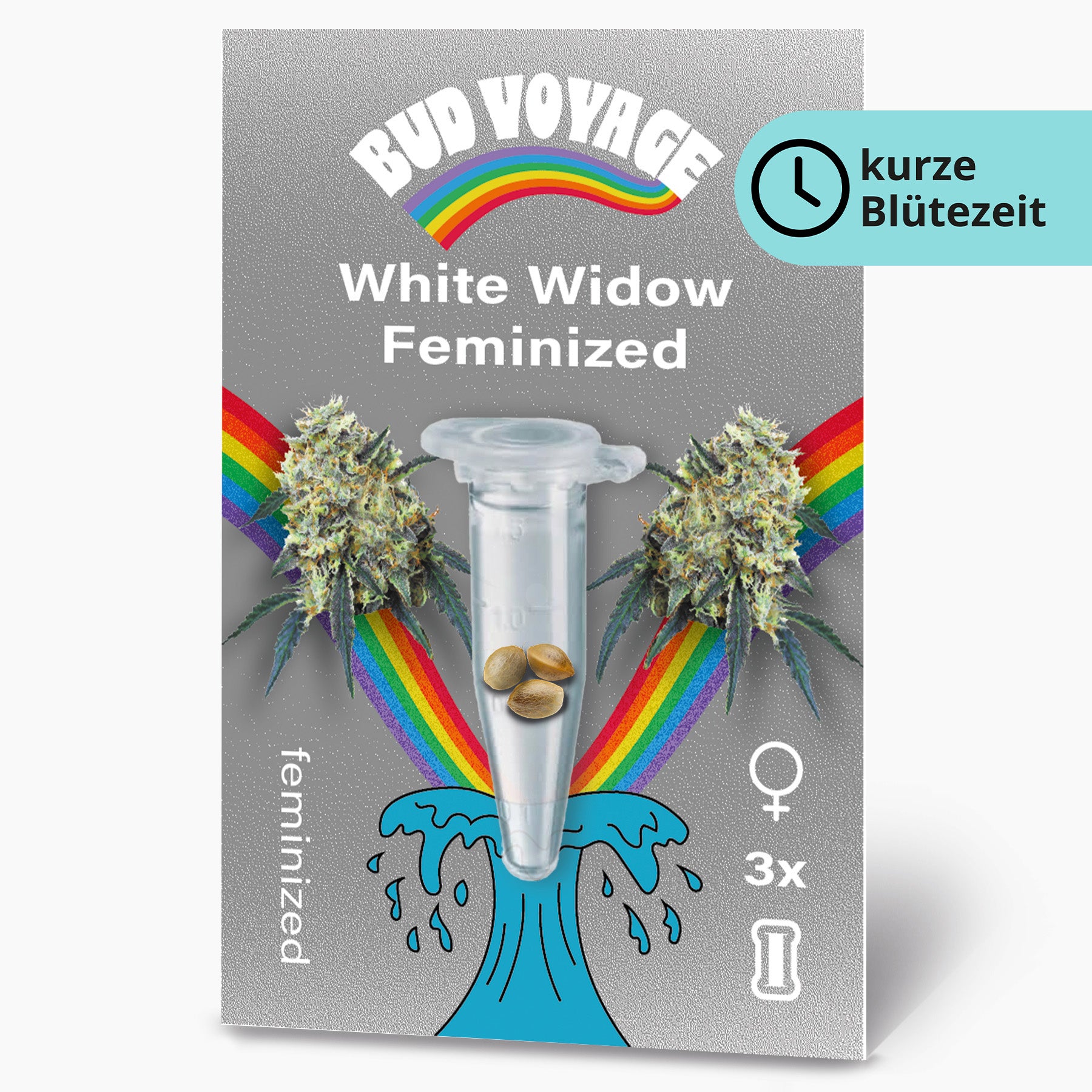 Bud Voyage Produktgrafik: feminisierte White Widow Samen in einer Testtube, umgeben von Regenbögen und Marihuana Blüten mit leuchtend blauen Wasserdetails
