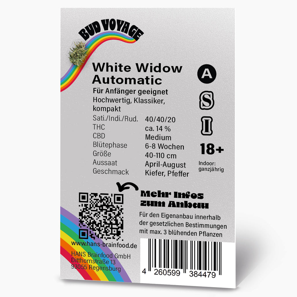 Bud Voyage Produktgrafik: White Widow Automatic Hanfsamen, Regenbogen, QR-Code und Barcode, Kiefer-Pfeffer Geschmack
