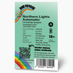 Grafik von Hans Brainfood GmbH, zeigt Northern Lights Automatic Cannabis, Regenbogen und QR-Code mit fruchtigen, kiefernartigen und zitrusartigen Noten
