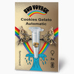 Bud Voyage Samensäckchen, zeigt Cookies Gelato Automatic Samen in einer Reagenzglas, umgeben von Regenbogen und einer blauen Welle, feminisierte Samen, drei Stück
